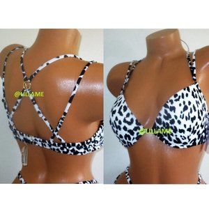 VICTORIA SECRET Push-Up Bikini Swim Top 36C Strappy Back Black white Leopard